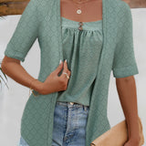 Full Size Faux Layered Decorative Button Half Sleeve Blouse