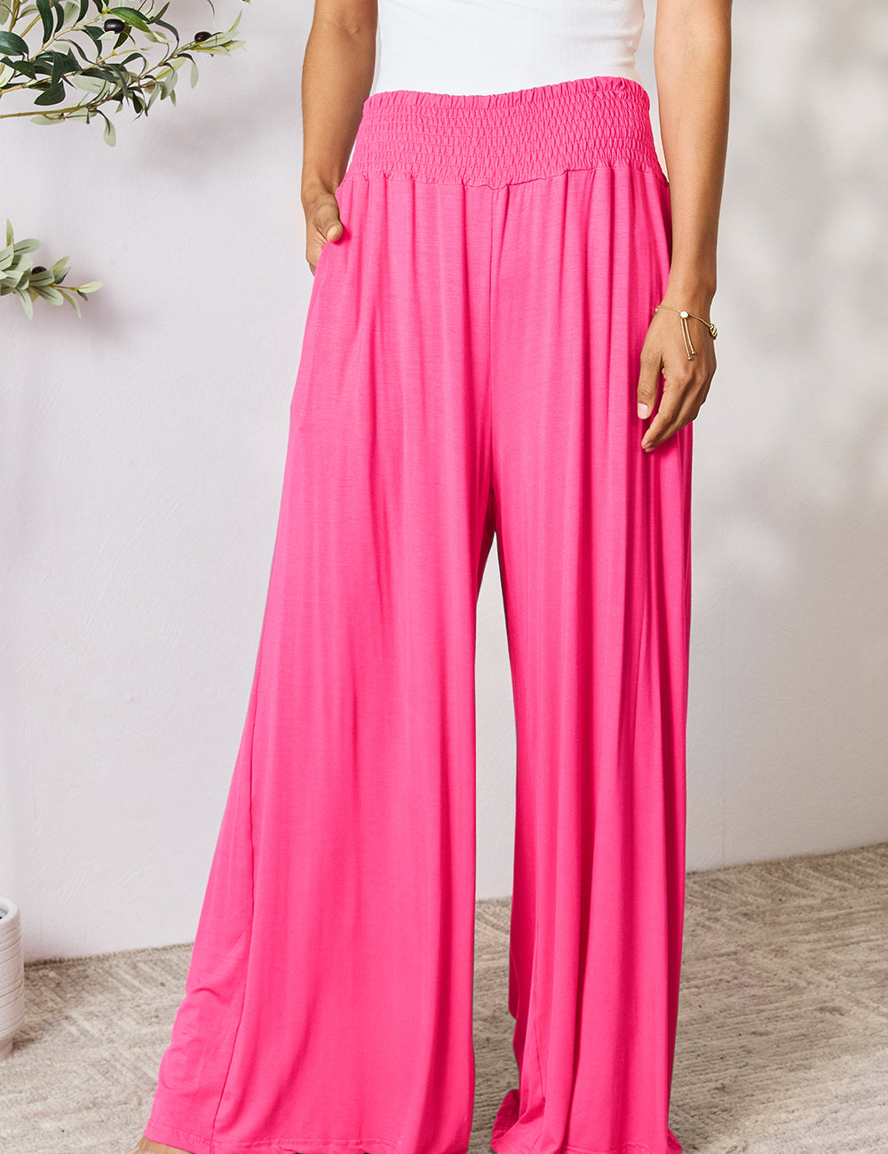 Double Take Full Size Smocked Wide Waistband Wide Leg Pants