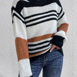 Contrast Striped Round Neck Long Sleeve Sweater