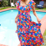 Follow Me Aqua Floral Print Square Neck Tiered Ruffle Maxi Dress