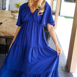 Live For Today Royal Blue Elastic V Neck Tiered Maxi Dress