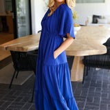 Live For Today Royal Blue Elastic V Neck Tiered Maxi Dress