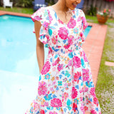 Hello Beautiful Ivory & Fuchsia Floral Sequin Smock Waist Midi Dress