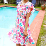 Hello Beautiful Ivory & Fuchsia Floral Sequin Smock Waist Midi Dress