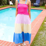 Vacay Vibes Hot Pink & Blue Smocked Color Block Maxi Dress