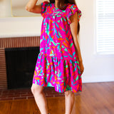 You Got This Purple Abstract Floral Print Tiered Ruffle Sleeve Dress