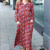 Casual Living Burgundy Floral Collared Fit & Flare Maxi Dress