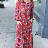 Casual Living Burgundy Floral Collared Fit & Flare Maxi Dress