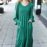 Beautiful You Green Smocked Ruffle Sleeve Maxi Dress