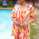 Eyes On You Coral & Yellow Geo Abstract Surplice Woven Romper