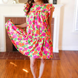 Be Charming Lime & Pink Floral Print Tiered Ruffle Sleeve Dress