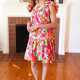 Be Charming Lime & Pink Floral Print Tiered Ruffle Sleeve Dress