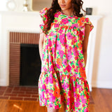 Be Charming Lime & Pink Floral Print Tiered Ruffle Sleeve Dress