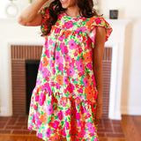 Be Charming Lime & Pink Floral Print Tiered Ruffle Sleeve Dress