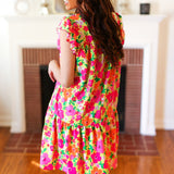 Be Charming Lime & Pink Floral Print Tiered Ruffle Sleeve Dress