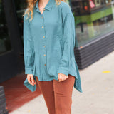 Beautiful You Teal Button Down Sharkbite Cotton Tunic Top