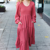 Beautiful You Lock Eyes Marsala Smocked Ruffle Sleeve Maxi Dress