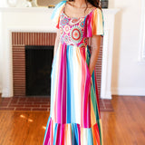 Feeling Bold Fuchsia & Teal Striped Medallion Crochet Print Dress