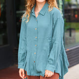 Beautiful You Teal Button Down Sharkbite Cotton Tunic Top