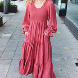 Beautiful You Lock Eyes Marsala Smocked Ruffle Sleeve Maxi Dress