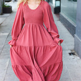 Beautiful You Lock Eyes Marsala Smocked Ruffle Sleeve Maxi Dress