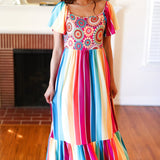 Feeling Bold Fuchsia & Teal Striped Medallion Crochet Print Dress