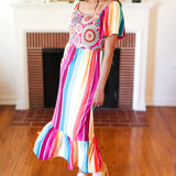 Feeling Bold Fuchsia & Teal Striped Medallion Crochet Print Dress