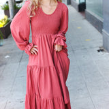 Beautiful You Lock Eyes Marsala Smocked Ruffle Sleeve Maxi Dress