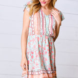 Sage Boho Floral Button Detail V Neck Ruffle Dress