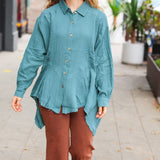 Beautiful You Teal Button Down Sharkbite Cotton Tunic Top