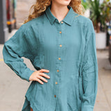 Beautiful You Teal Button Down Sharkbite Cotton Tunic Top