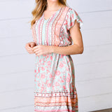 Sage Boho Floral Button Detail V Neck Ruffle Dress