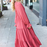 Beautiful You Lock Eyes Marsala Smocked Ruffle Sleeve Maxi Dress