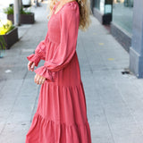 Beautiful You Lock Eyes Marsala Smocked Ruffle Sleeve Maxi Dress