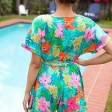 Tropical Vibes Turquoise Floral Surplice Tie Waist Romper