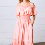 Coral off Shoulder Smocked Waist Ruffle Sleeve Midi Dress