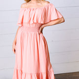 Coral off Shoulder Smocked Waist Ruffle Sleeve Midi Dress