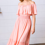 Coral off Shoulder Smocked Waist Ruffle Sleeve Midi Dress