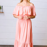 Coral off Shoulder Smocked Waist Ruffle Sleeve Midi Dress