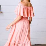 Coral off Shoulder Smocked Waist Ruffle Sleeve Midi Dress