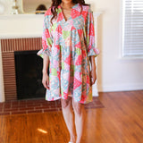 Look Of Love Lime & Coral Patchwork Print V Neck Dress