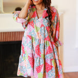 Look Of Love Lime & Coral Patchwork Print V Neck Dress