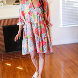 Look Of Love Lime & Coral Patchwork Print V Neck Dress