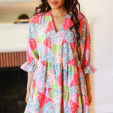 Look Of Love Lime & Coral Patchwork Print V Neck Dress