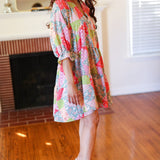 Look Of Love Lime & Coral Patchwork Print V Neck Dress