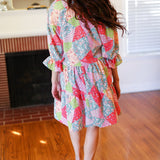 Look Of Love Lime & Coral Patchwork Print V Neck Dress