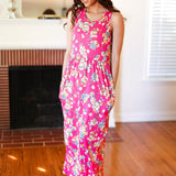 Pink Floral Print Fit and Flare Sleeveless Maxi Dress