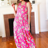 Pink Floral Print Fit and Flare Sleeveless Maxi Dress