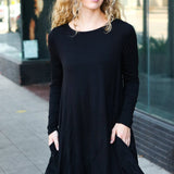 Classic Elegance Black Long Sleeve Shift Knit Dress