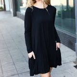 Classic Elegance Black Long Sleeve Shift Knit Dress